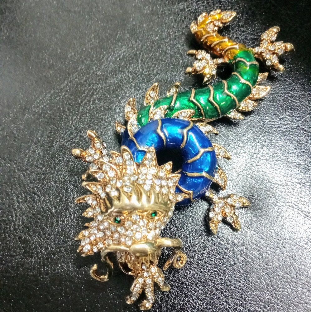 Gold Enamel Dragon brooch Rare